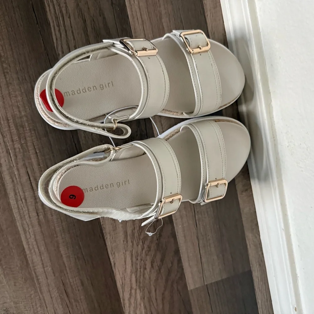 Madden Girl Kids Cream Sandals with Gold Buckles